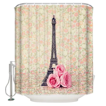 

French Eiffel Tower Floral Shower Curtain Waterproof Bathroom Curtain Polyester Bath Curtain Home Decor 12 Hooks
