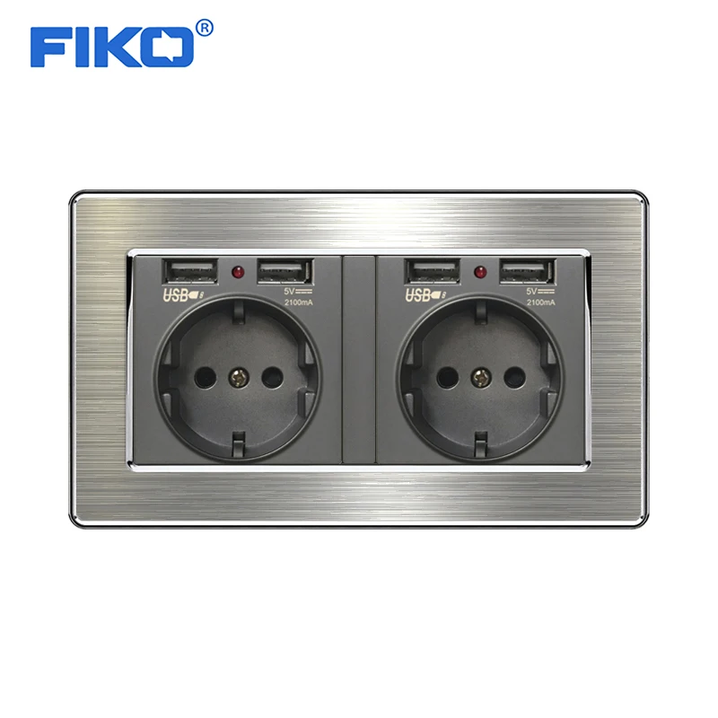 

Настенная электрическая розетка FIKO, европейский стандарт, с usb-разъемом, заземленная панель из нержавеющей стали, двойной usb-разъем, 4 порта д...