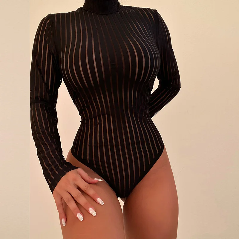 

Sexy Black Striped Mesh Transparent Bodysuits Women Long Sleeves Turtleneck Bodycon Jumpsuit Clubwear Women Romper Sexy Lingerie