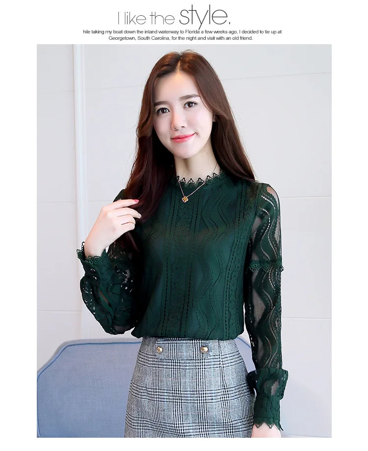 spring autumn Women Crochet Blouse Lace Chiffon Shirt White/Black Basic Shirt Ladies Stand Collar Ruffles Blusas Femininas