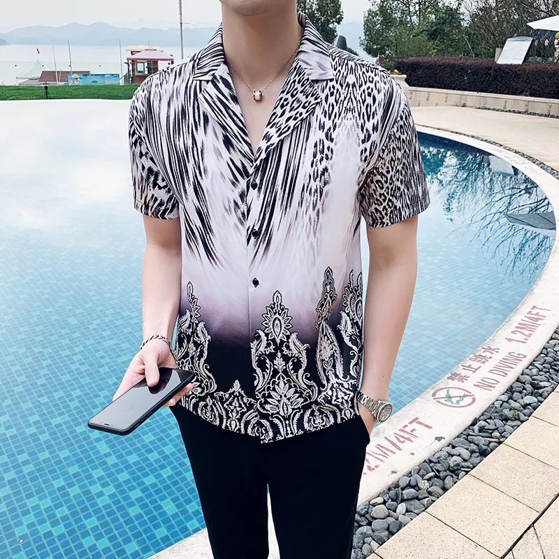 white Ретро печати рубашки мужские летние с коротким рукавом Slim Fit гавайская рубашка мужские модные Клубные выпускные рубашки Camisa Masculina Social рубашка - Цвет: white