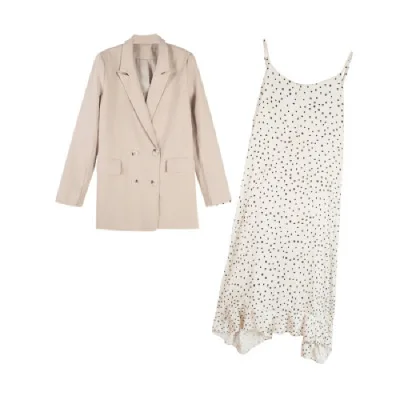 2023 New Small Fresh Wave Point Suspender Dress Women's Long Skirt With Double Breasted Fashionable Temperament Suit Coat