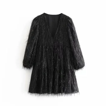 

Autumn 2019 women's new V-Neck long sleeve with lining splicing loose short dress metallic thread fringe dress 08767335800