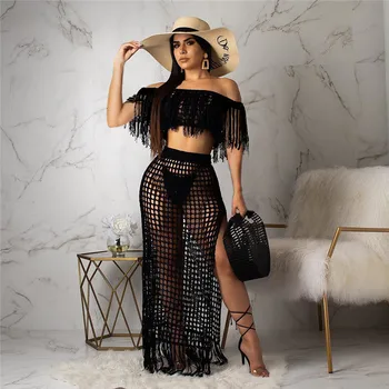 

2019 Summer Women Solid Boat Neck Tassels Sleeveless Crop Tops Hollow Out Summer Beach High Slit Dress 2pcs