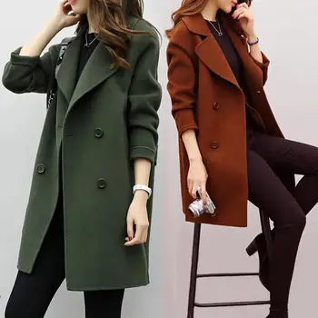 

Women Autumn Winter Solid Color Lapel Double-breasted Midi Coat Woolen Outwear Office Long Sleeve Button Wool Coat Women Coat