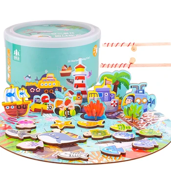 

3-In-1 3D Wooden Magnetic Fishing Puzzle Games Toys Playset With Fibre Drum Packaging Game Educational Outdoor Toy-Ocean Fishing