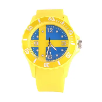 

Sweden/Russian Flag Pattern Quartz Watches Yellow Color Silicone Strap Wristwatches Gifts for Lover
