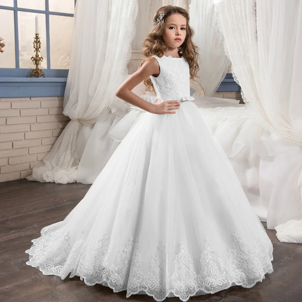 Белый Свет Шампанское кружева Vestidos Блестки Бусы для девочек в цветочек платья для свадьбы для девочек для первого причастия Платья для специальных торжеств - Цвет: Белый