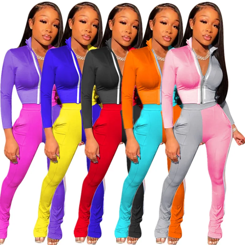 

Fitness Autumn Winter Patchwork Print Zipper Jacket Top and Pants Sporty 2 Piece Set Women Tracksuit Fashion Party Club Outfits