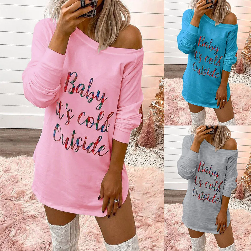 

Women Fashion Casual Round Neck Letter Print Long Sleeve Tops And Mini Dress abiti donna robe ete#sw#sw