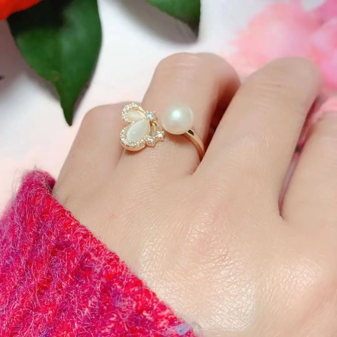 Anillo de perlas naturales de agua dulce para mujer, sortija abierta de circón con lazo, joyería de moda, compromiso, fiesta, Decoración elegante, 2021