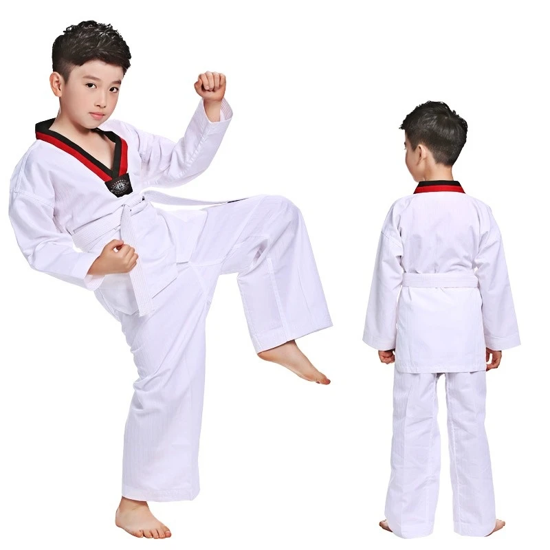 Новые костюмы TKD одежда белая униформа для тхэквондо WTF карате дзюдо добок детей и