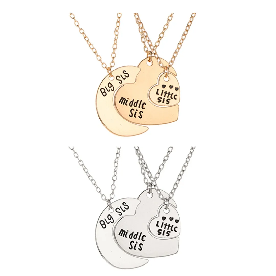 3pcs Fashion Moon Heart Necklace Pendant Statement Women Big Middle Little Sister Heart Family Love Friendship Necklace Jewelry