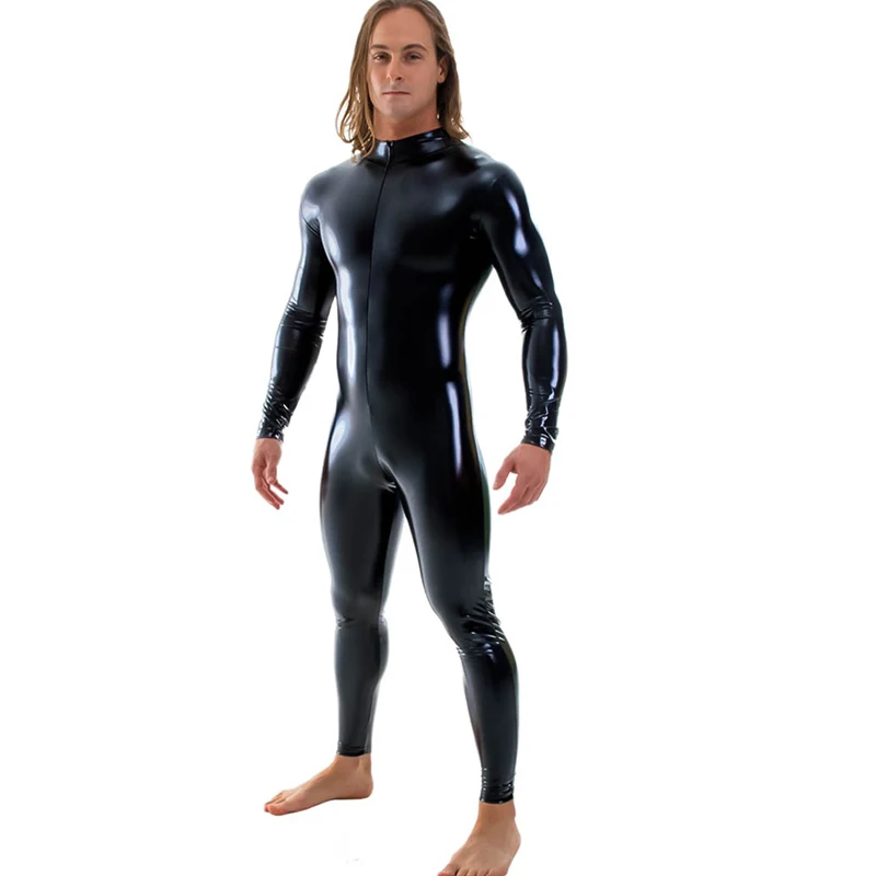 Shiny Metallic Zentai Bodysuit Men Long Sleeve Front Zip Unitard Costumes Ballroom Performer Clothes Nightclub Onstage Dancewear