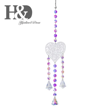 

H&D AB Color Hanging Crystal Suncatcher Pendant Metal Heart Prism 30mm Cone with Beads Rainbow Finish Christmas Decoration Gift