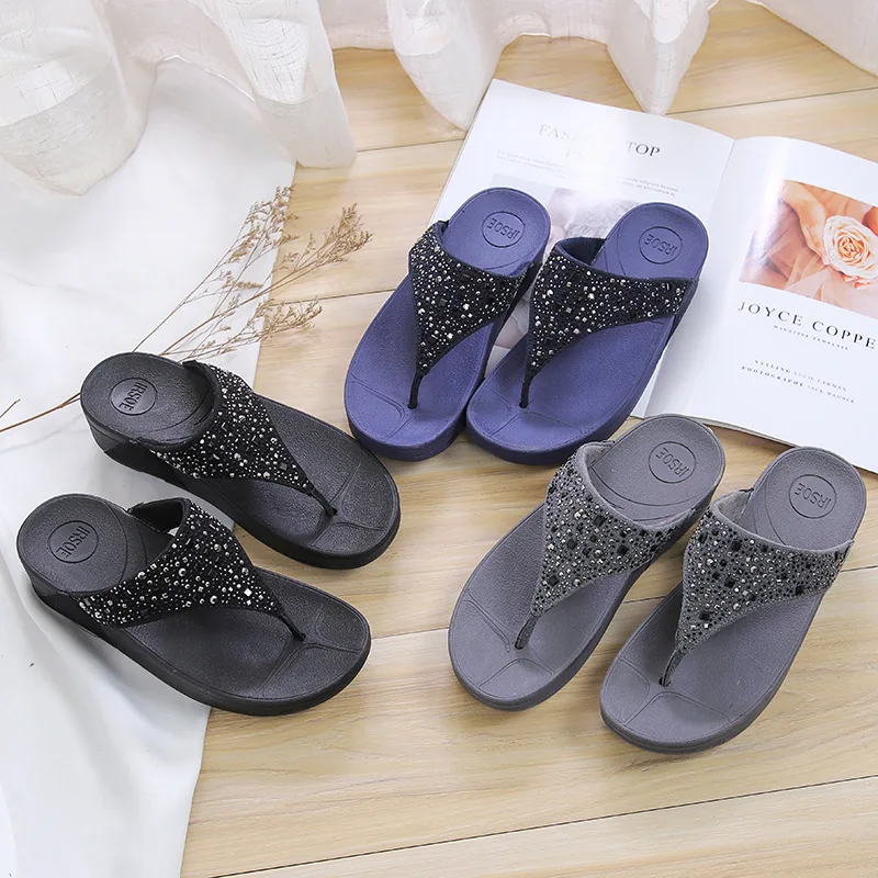 

Summer New Style Metal Light Diamond Man-made Diamond Toning Shoes Slanted Heel Flip-flops Slimming Women's Slippers Platform Be