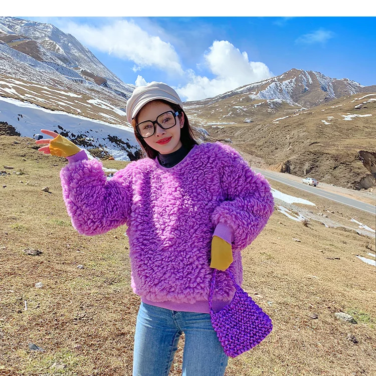 ANSFX Korea Hairy Shaggy Faux Lamb Fur Sweatshirt Long Lantern Sleeve O-Neck Pullover Coat Women Keep Warm Outerwear Top 2 Color