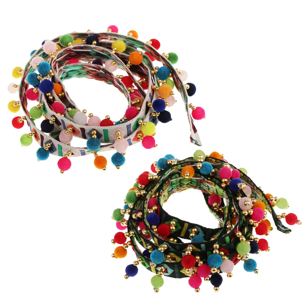 2 Pieces Bohemian Style Colorful Ball Fringe Trim Tape for Clothes