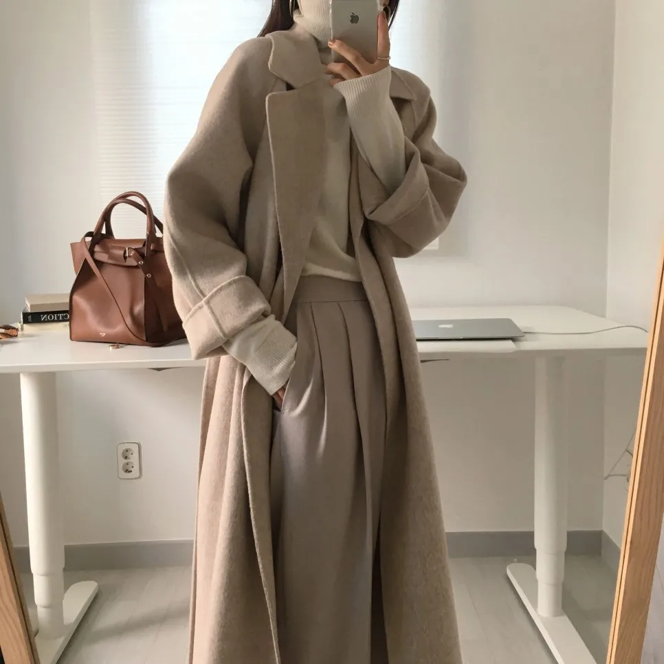 Women's Jacket 2021 Autumn and Winter Long Wool Coat with Belt Solid Color Long-Sleeved Chic Slim Down Shoulder Coat long puffer jacket