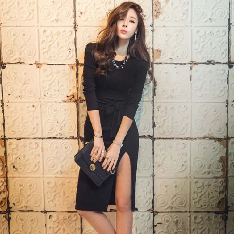 

Dress WOMEN'S Dress 2019 Autumn & Winter Slim Fit Slimming Slit Long Sleeve Mid-length Sheath Nightclub Base Dress