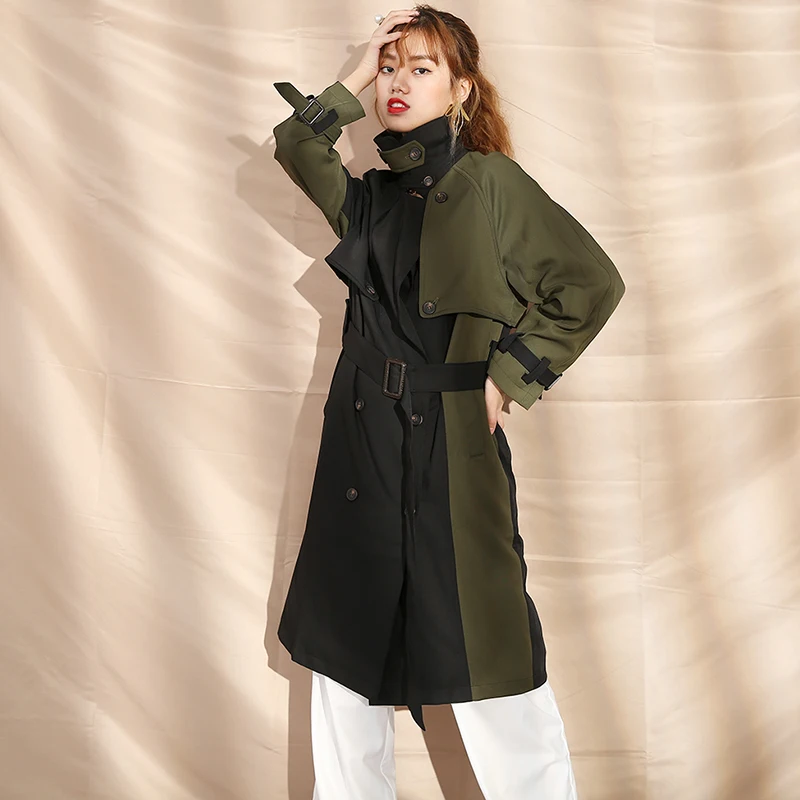 [EAM] Women Black Contrast Color Trench New Lapel
