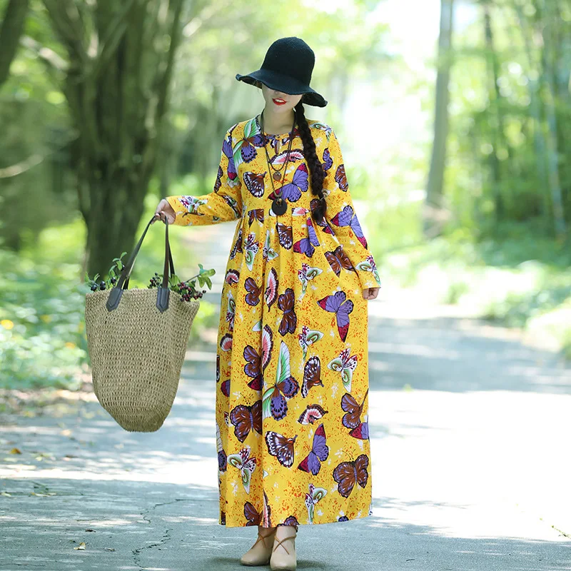 

2019 Spring New Style Ethnic-Style Large Size Dress Retro Loose-Fit Long Sleeve Cotton Linen Floral Printed Dress Women's Pullov