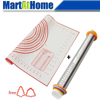 

Adjustable Rolling Pin and Silicone Pastry Mat Non Stick Silicon Liner for Bake Pans & Rolling - Baking Dough, Pizza, Pie
