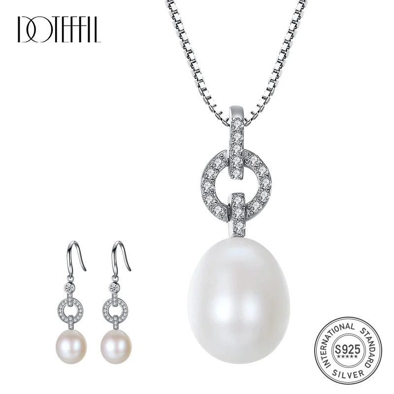 DOTEFFIL Hot Sale Pearl Jewelry Set Earring/Necklace Natural Freshwater Pearl 925 Silver Fine Jewelry For Women Christmas Gifts