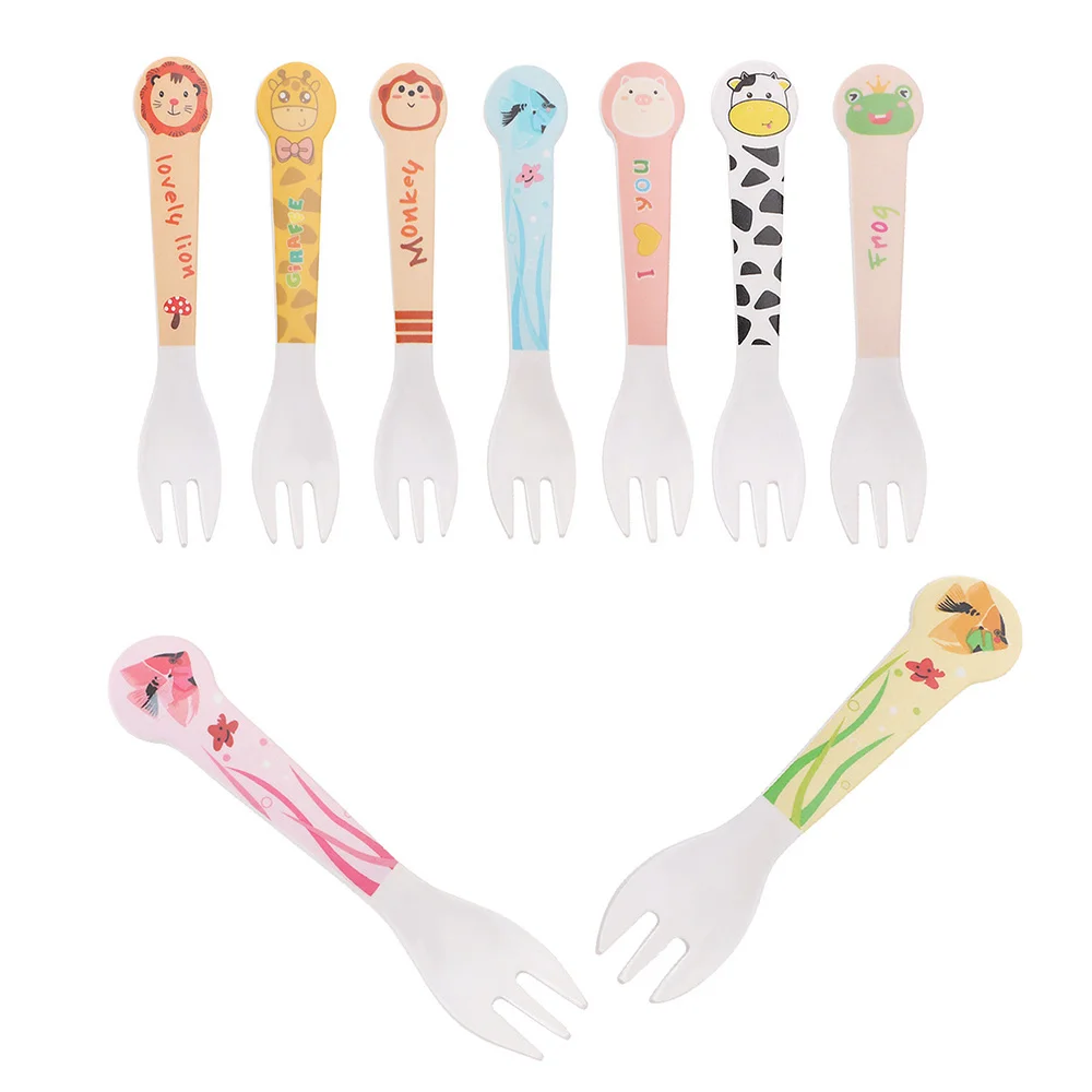 2 Pcs Cute Cartoon Pattern Bamboo Fiber Dinner Fork Spoon Set Children's Baby Kids Food Picks Solid Feeding Tableware Cutlery | Дом и сад
