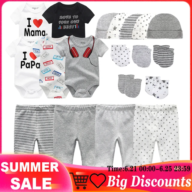 Newborn Boy Clothes Set Baby Girl Summer Suit Bodysuits+Pants+Hat+Gloves Cotton 1