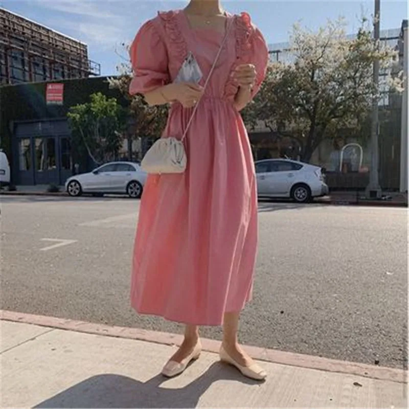 

Sweet Vintage Simple Solid Vintage Dress for Ladies Elegant Fashion Ruffles Fungus Special Design Dress 2020 Elegant New Robe