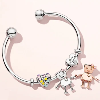 

NEW 100% Sterling Silver Brand New 1:1 Friend Bracelet Sun-Filled Robot & Rose Robot Bracelet Set Fit Original DIY Bangle