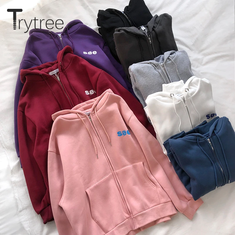 Trytree осенне-зимнее женское повседневное пальто с капюшоном на молнии, 8 цветов, с карманами, с буквенным принтом, модное свободное универсальное стильное пальто