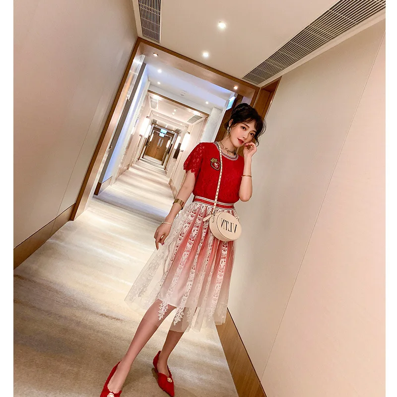 

Europe And America WOMEN'S Dress 2019 Summer New Style Crew Neck Lace Upper Garment + Gauze Joint Gradient Skirt Elegant Dress O