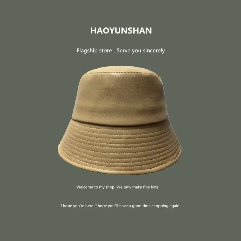 

Autumn and Winter Retro pu leather bucket cap solid color basin cap women's all-match fisherman hat