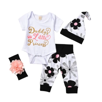 

Newborn Baby Girls Floral clothes short sleeve white Romper Tops Long Pants Hat flower headband 4Pcs Outfits Clothes Set