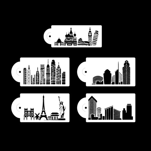 5pc City Building Stencil DIY Walls Layering Painting Template Decor Scrapbooking Embossing Supplies Reusable