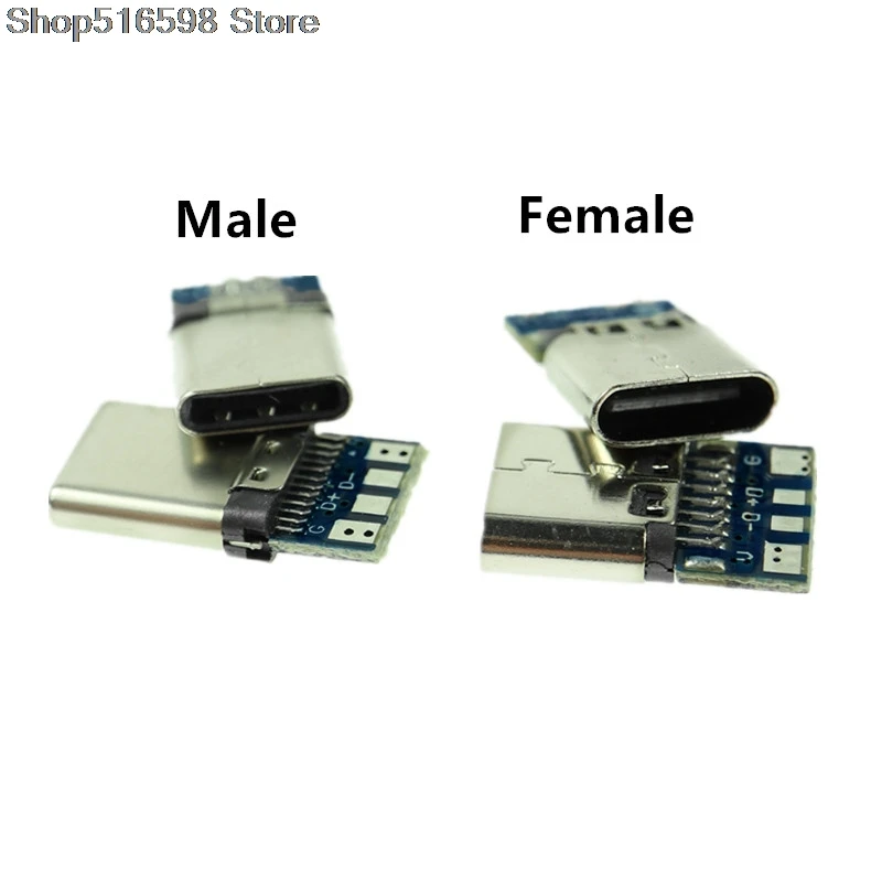 Conector USB 3,1 tipo C, 24 Pines, macho/hembra, adaptador para receptáculo a Cable de soldadura, 24 Pines, compatible con placa PCB
