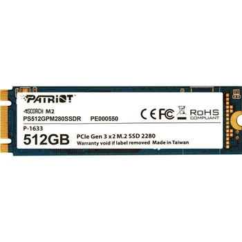 

SSD Patriot Scorch PS512GPM280SSDR SSD, M.2, 512Gb, PCI-E x2, read: 1700 Mb / s, write: 950 Mb / s, TLC 3D, TRIM, buffer: 512 Mb