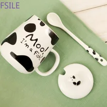 Cheap 350ml Cartoon Ceramic Cup Milk Mug with Spoon Student Couple Breakfast Cup Water Cup Drinkware Coffee Tea Cups Novelty Gifts