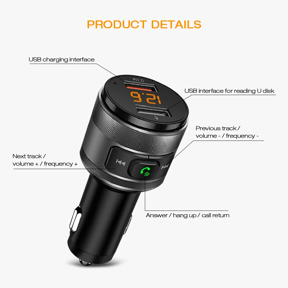 Автомобильный fm-передатчик C57 Bluetooth 4,2 с дисплеем напряжения аккумулятора и зарядным портом usb