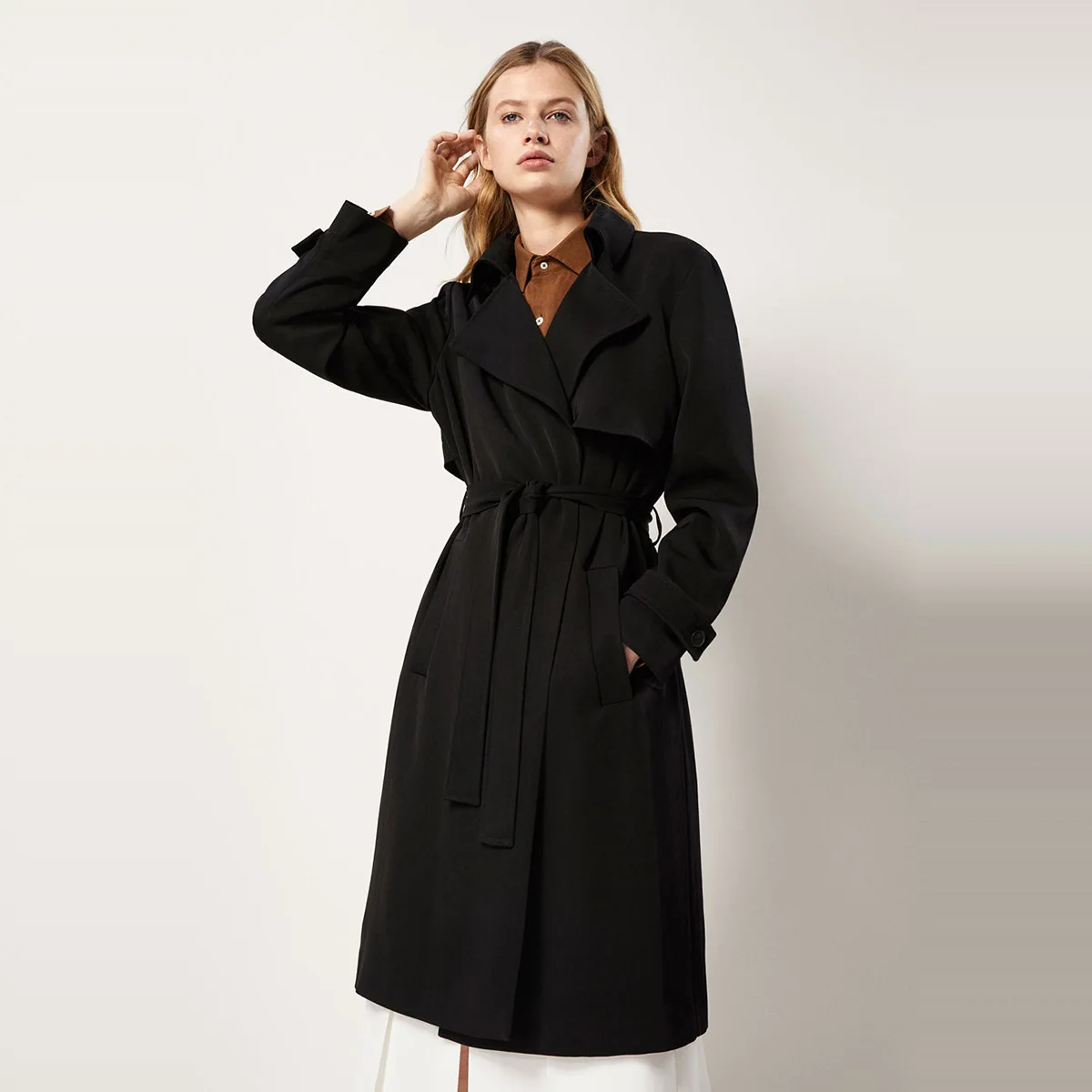 

Bulk Customizable Simple Classic Style Elegant Commuting Solid Color of Belt Fold-down Collar Sleeve Tab Trench Coat Customizabl