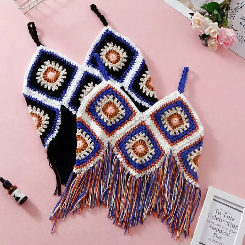 Beach Crochet Crop FLORAL STORY Women Summer Y2K Vacation Outdoor Short Tube National Boho Style Lace Cami Tassel Tank Tops bathing suit wrap skirt