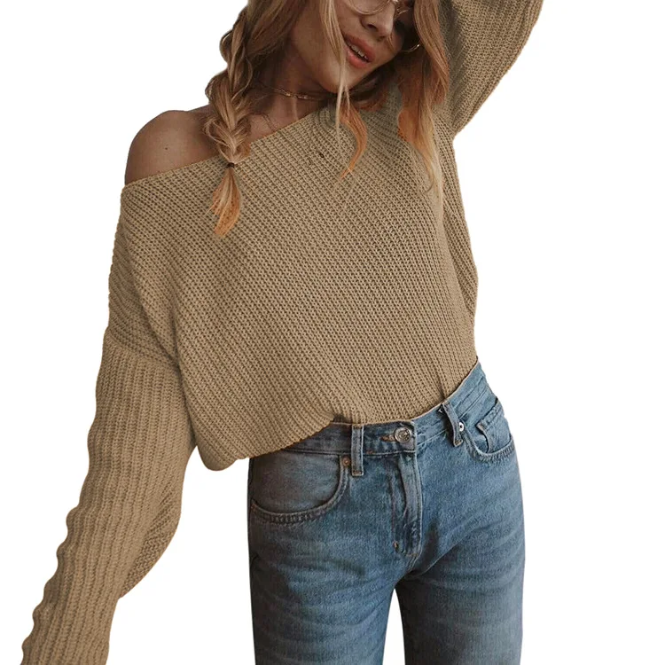 Heflashor off shoulder pullover womens sweater knitted sweater women long sleeve loose jumpers oversized sweater pull femme