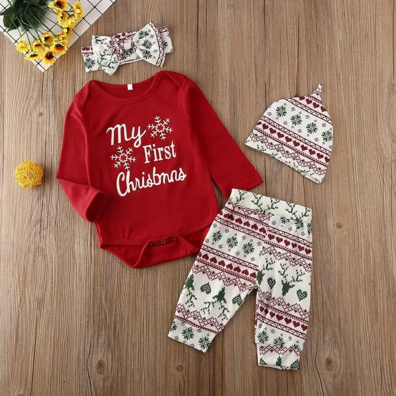 Imcute, новинка года, одежда для маленьких мальчиков и девочек с принтом «My 1st Christmas» комбинезон, топ, штаны комплекты из 4 предметов для детей возрастом от 3 до 18 месяцев