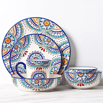 

Mediterranean Style Creative Ceramic Tableware Set Kitchen Home Steak Plate Salad Bowl Mug Good-looking Plate Fruit Plate Dish