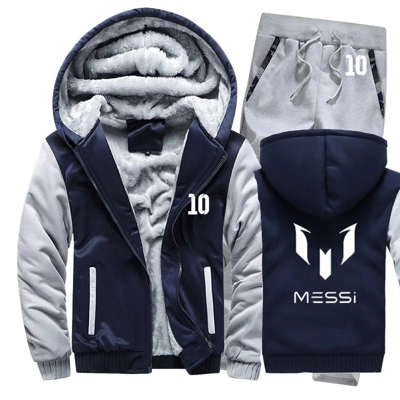 Зимняя мужская толстовка с капюшоном Messi 10 принт мужские s толстовки костюм толстый теплый флис хлопок спортивный костюм на молнии мужская куртка+ брюки комплекты из 2 предметов - Цвет: 805