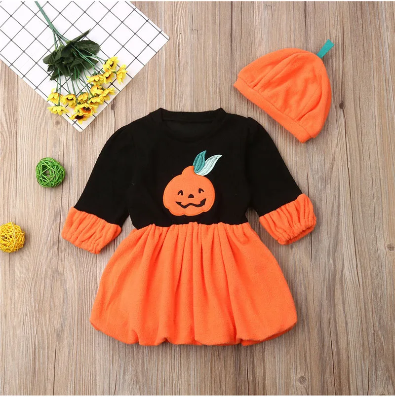 Halloween Хэллоуин; одежда для маленьких девочек; платье с тыквами и длинными рукавами; элегантная Милая нарядная одежда принцессы