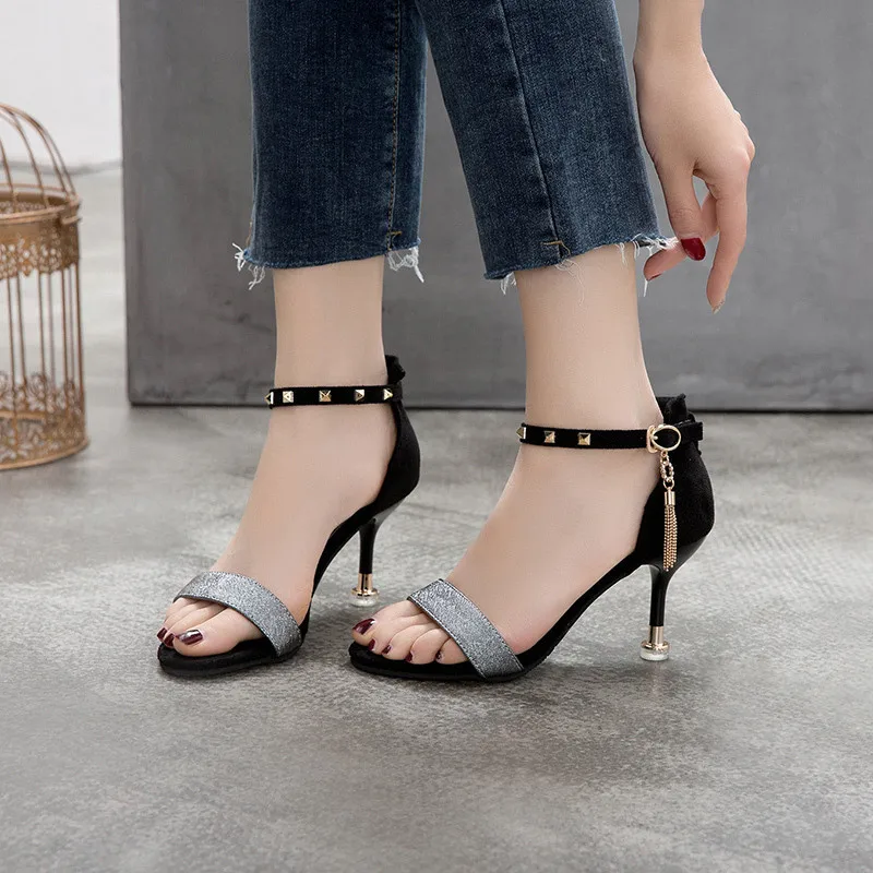 

Women Pumps Thin Heels Ladies Sandals Women Middle Heels Peep Toe High Heel Pumps Women Shoes Female Wedding Shoes black Silver