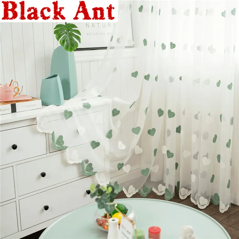 Korean Green Heart Tulle Curtain For Living Room Lovely Voile Sheer Kids Bedroom Bay Kitchen Window Panels X-JD1200 | Дом и сад